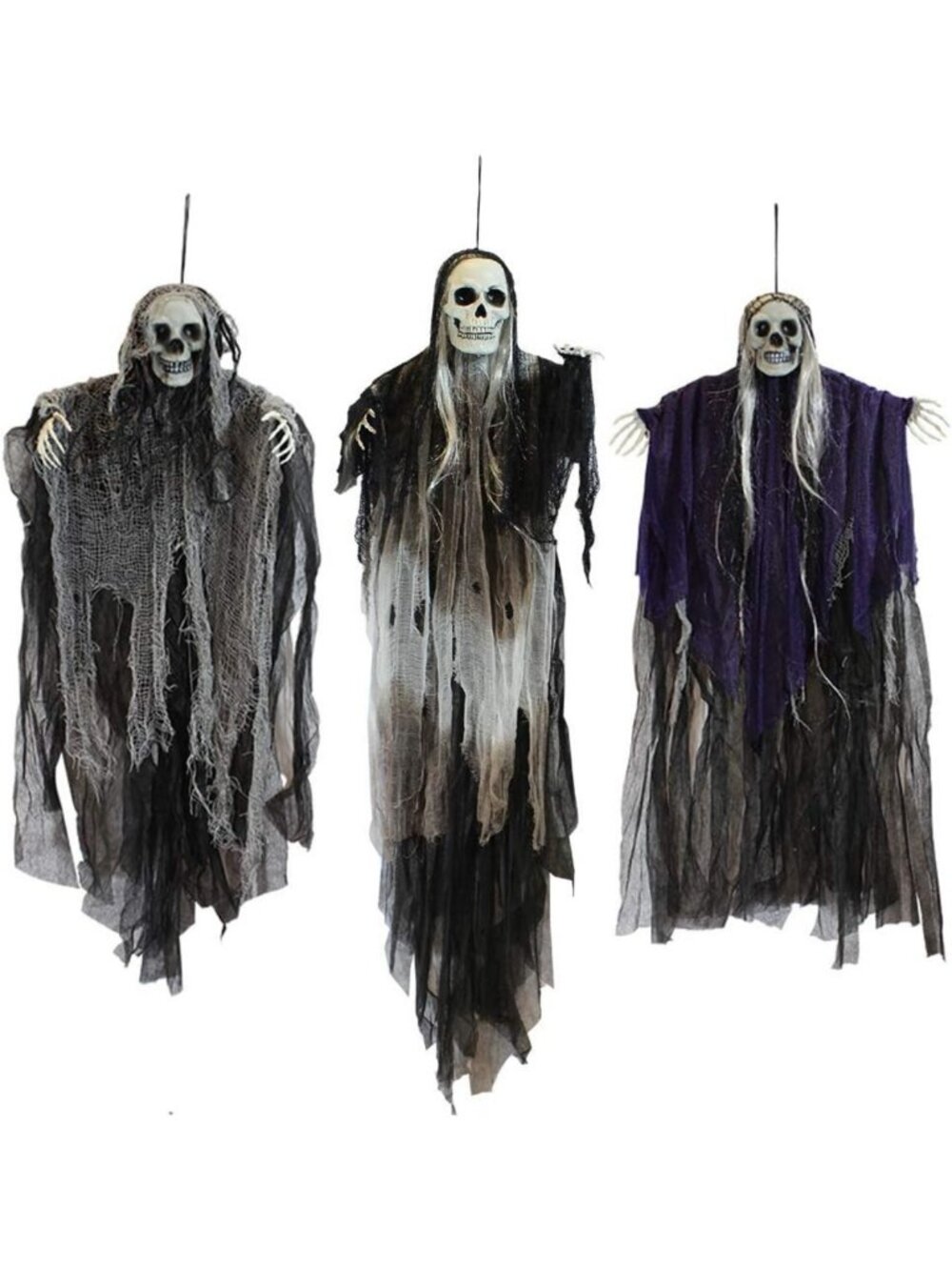 3 Pack Hanging Halloween Skeleton Ghosts & Grim Reapers - Spooky Outdoor Decor